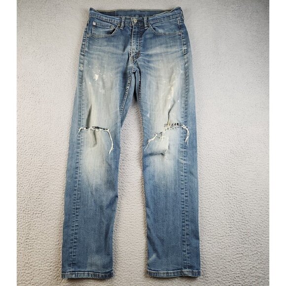 Levis 505 Jeans Mens 31x32 Blue Denim Zip Fly Straight Classic Ripped Work Pant - Picture 2 of 7